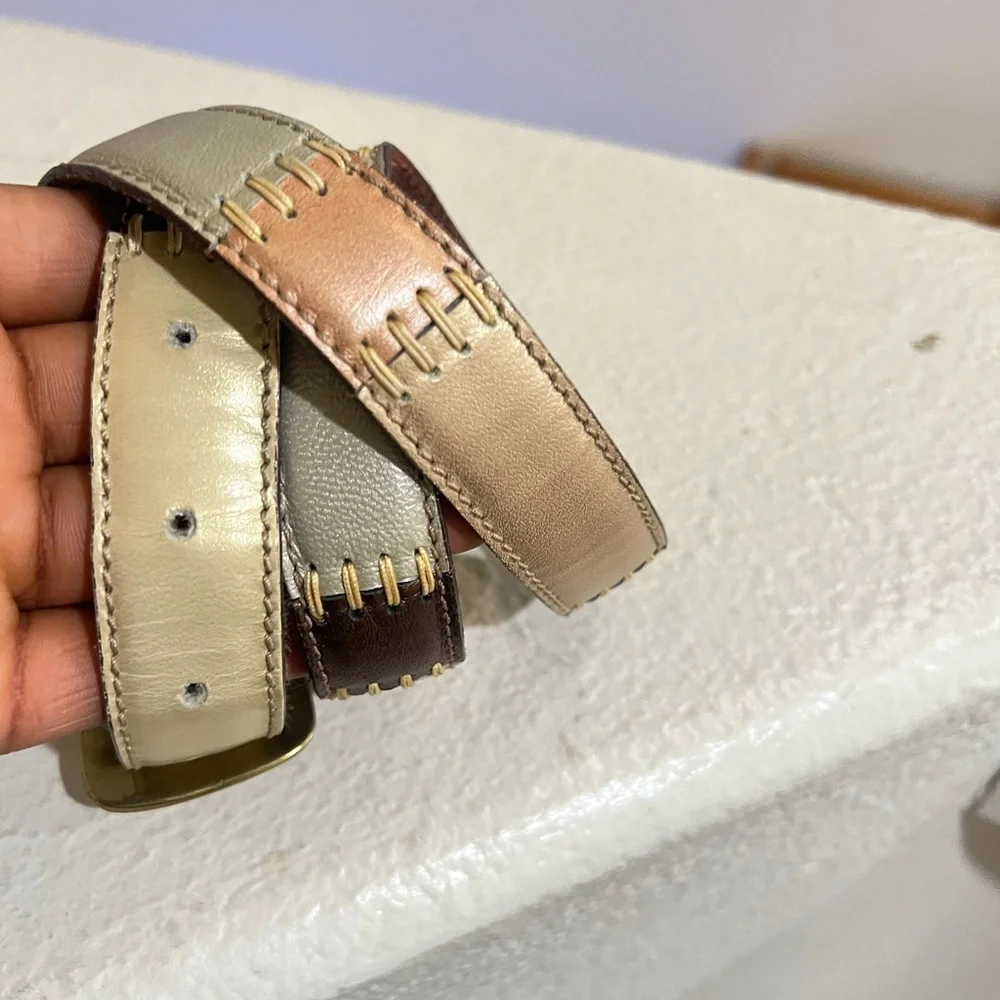 FOSSIL Leather Multi-Color Stitched Sections Belt GoldTone Size Medium‎